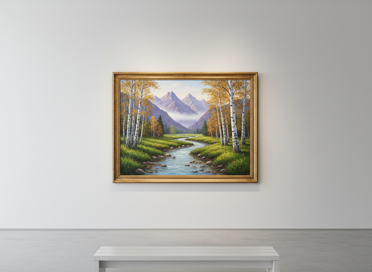 A meticulously detailed landscape painting featuring a vibrant riverscape, the clear waters punctuated by smooth stones and bordered by lush grass and birch trees, with misty purple mountains rising in the background. The artwork is elegantly framed and displayed on a minimalist, matte-white gallery wall. Soft gallery lighting spotlights the painting, enhancing its colors, while the rest of the space is calm and neutral, ensuring all attention remains on the art. Captured straight on with a symmetrical, rule-of-thirds composition and crisp focus, creating an inviting, professional, and timeless gallery atmosphere. The style is vivid and clean, ideal for an online art gallery purchase page.
