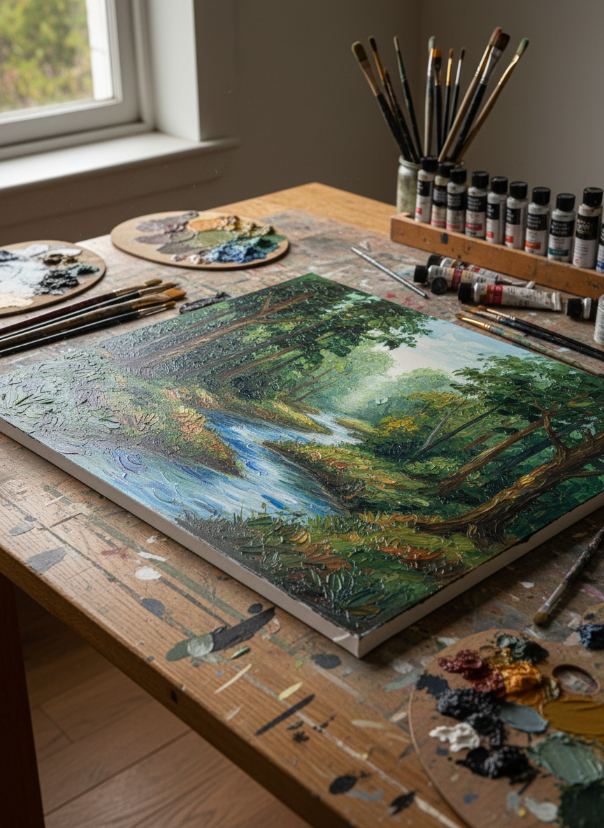 A close-up of a stretched, high-quality linen canvas, partially covered in thick, vibrant layers of oil paint forming the beginnings of a lush forest landscape—deep emerald greens, earthy browns, and cerulean blue river swirls. The canvas rests atop an artist’s sturdy oak worktable, surrounded by well-used paintbrushes, smudged mixing palettes, and neatly arranged tubes of color. Soft directional light from a north-facing window glows across the workspace, highlighting the three-dimensional texture of the paint. The atmosphere feels focused and inspired, capturing the creative process. Presented from a slightly elevated angle, emphasizing materials and textures, with a clean and organic artistic style perfect for showcasing the dedication behind each landscape.