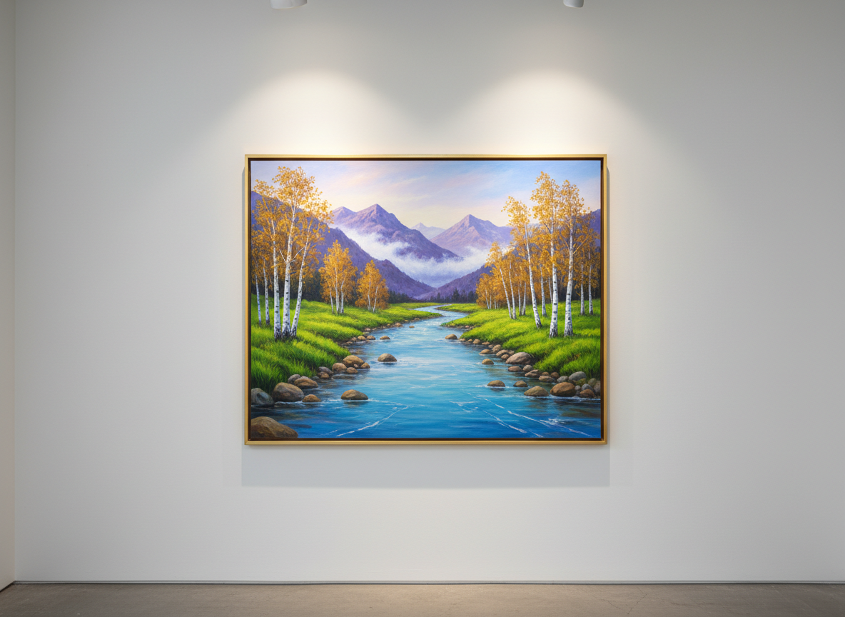 A meticulously detailed landscape painting featuring a vibrant riverscape, the clear waters punctuated by smooth stones and bordered by lush grass and birch trees, with misty purple mountains rising in the background. The artwork is elegantly framed and displayed on a minimalist, matte-white gallery wall. Soft gallery lighting spotlights the painting, enhancing its colors, while the rest of the space is calm and neutral, ensuring all attention remains on the art. Captured straight on with a symmetrical, rule-of-thirds composition and crisp focus, creating an inviting, professional, and timeless gallery atmosphere. The style is vivid and clean, ideal for an online art gallery purchase page.