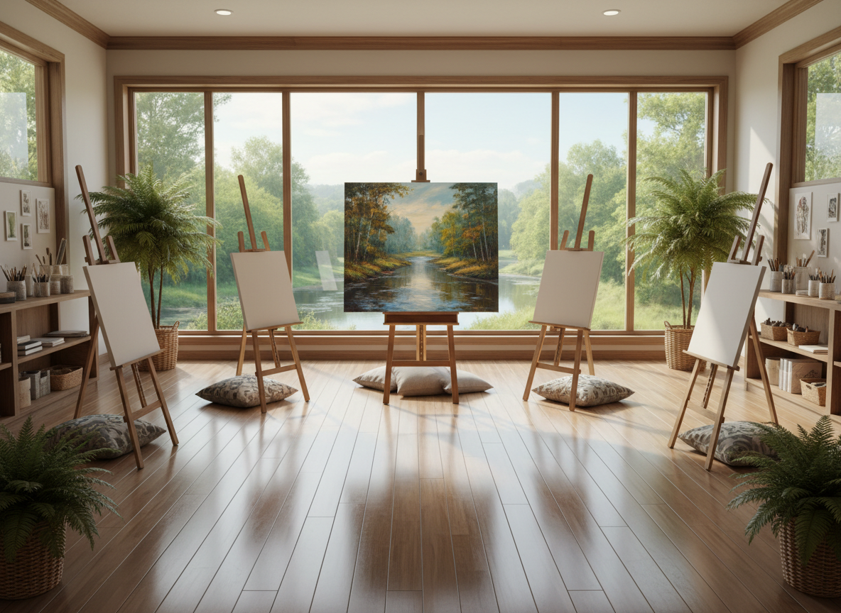 An inviting artist’s classroom scene, with several blank canvases mounted on wooden easels arranged in a semicircle facing a large central canvas that displays a finished forest and river landscape. The room features polished wood floors, potted ferns in the corners, and panoramic windows overlooking tranquil greenery, allowing abundant diffuse natural light to brighten the space. The mood is warm, welcoming, and slightly playful, symbolizing creativity and learning. Captured from a wide angle at standing height, with balanced composition that emphasizes both the instructional setting and the finished landscape painting, the style is rustic yet airy, tailored for the art class information section of a painter’s site.