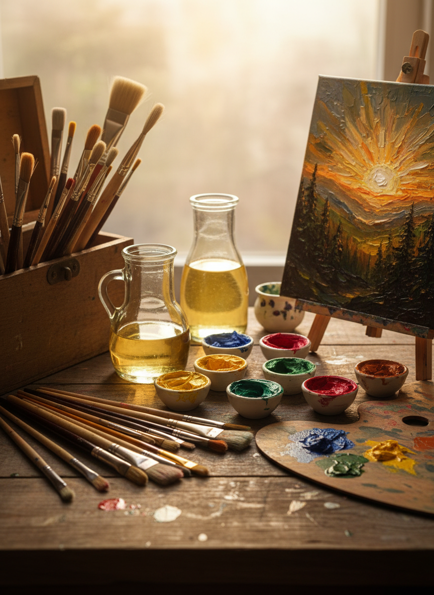 A beautifully composed still life of painting supplies: a wooden box filled with soft, natural bristle brushes, jars of linseed oil, and small pots of vivid oil paint arranged beside a textured landscape painting in progress that captures a dramatic sunrise behind pine-clad hills. The supplies are set atop a vintage wooden table placed by a window where golden hour light streams in, creating glowing highlights and gentle, elongated shadows that add warmth. The scene is thoughtfully organized, exuding a sense of passionate artistry and careful craft. Shot from a close, slightly side-on viewpoint with depth of field focused on the tactile tools and rich colors, the style is detailed and inviting, conveying the artistry behind each finished landscape.