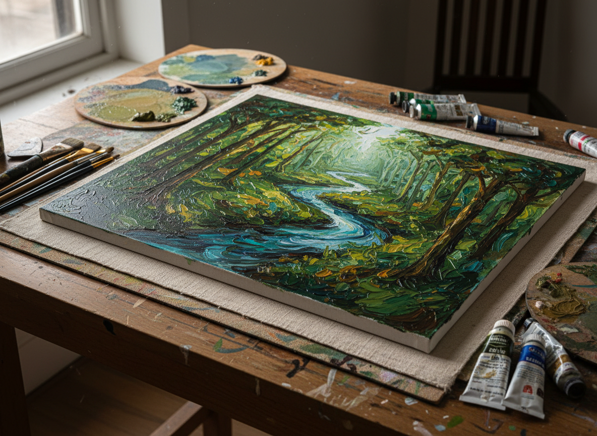 A close-up of a stretched, high-quality linen canvas, partially covered in thick, vibrant layers of oil paint forming the beginnings of a lush forest landscape—deep emerald greens, earthy browns, and cerulean blue river swirls. The canvas rests atop an artist’s sturdy oak worktable, surrounded by well-used paintbrushes, smudged mixing palettes, and neatly arranged tubes of color. Soft directional light from a north-facing window glows across the workspace, highlighting the three-dimensional texture of the paint. The atmosphere feels focused and inspired, capturing the creative process. Presented from a slightly elevated angle, emphasizing materials and textures, with a clean and organic artistic style perfect for showcasing the dedication behind each landscape.