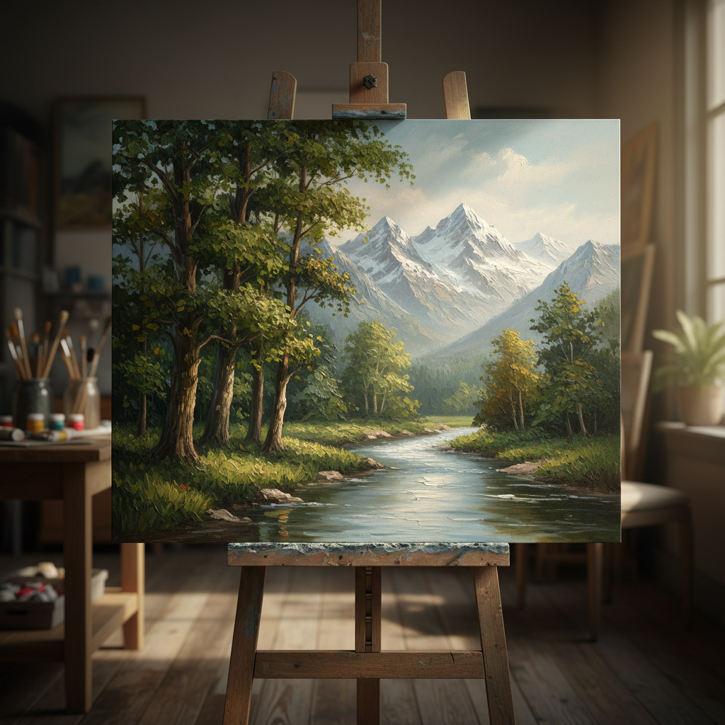 A richly textured oil painting of a serene landscape scene, featuring a cluster of tall, leafy green trees embracing a clear, winding river with subtle reflections. Snow-capped mountains rise in the distant background, their rugged, craggy details softened by gentle clouds. The canvas sits on a rustic wooden easel in a warmly lit art studio, with filtered afternoon sunlight illuminating the painting and casting soft, natural highlights across the textured brushstrokes. The mood is calm and inviting, emphasizing the tranquility of nature. Shot at eye level with centered composition, sharp focus on the artwork and a slight vignette, the style evokes photographic realism with a painterly touch, making it a perfect main hero image for a landscape art gallery website.